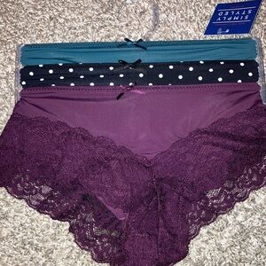 Simply Styled Teal, Navy Polka Dot, & Purple Lace Panties Trio Size Small New